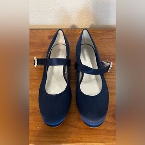Women's Navy Satin Mary Jane Flats with Crystal Buckle